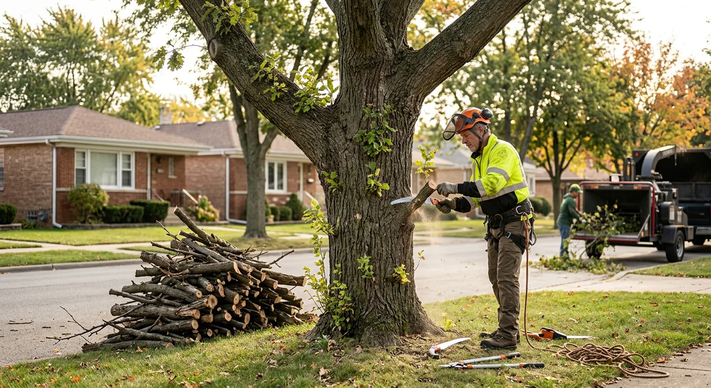 Deadwood limbs removed and stacked beside a recovering parkway tree