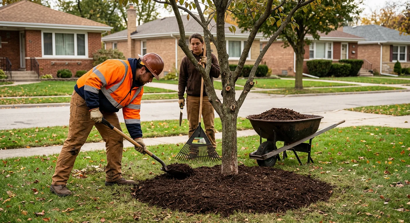Fresh mulch ring placed around the base of a rehabilitated ornamental tree