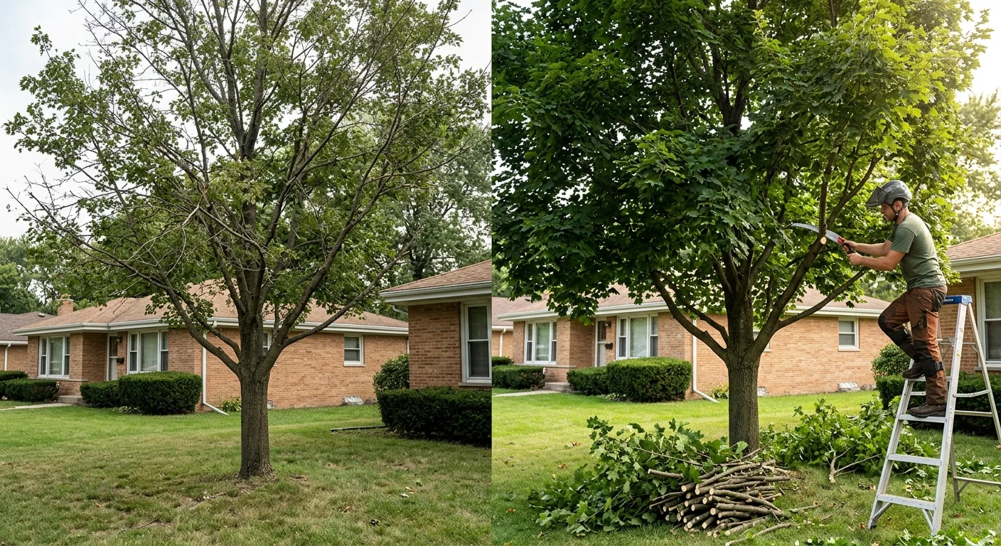 Before and after tree restoration showing improved canopy density on a Bellwood property