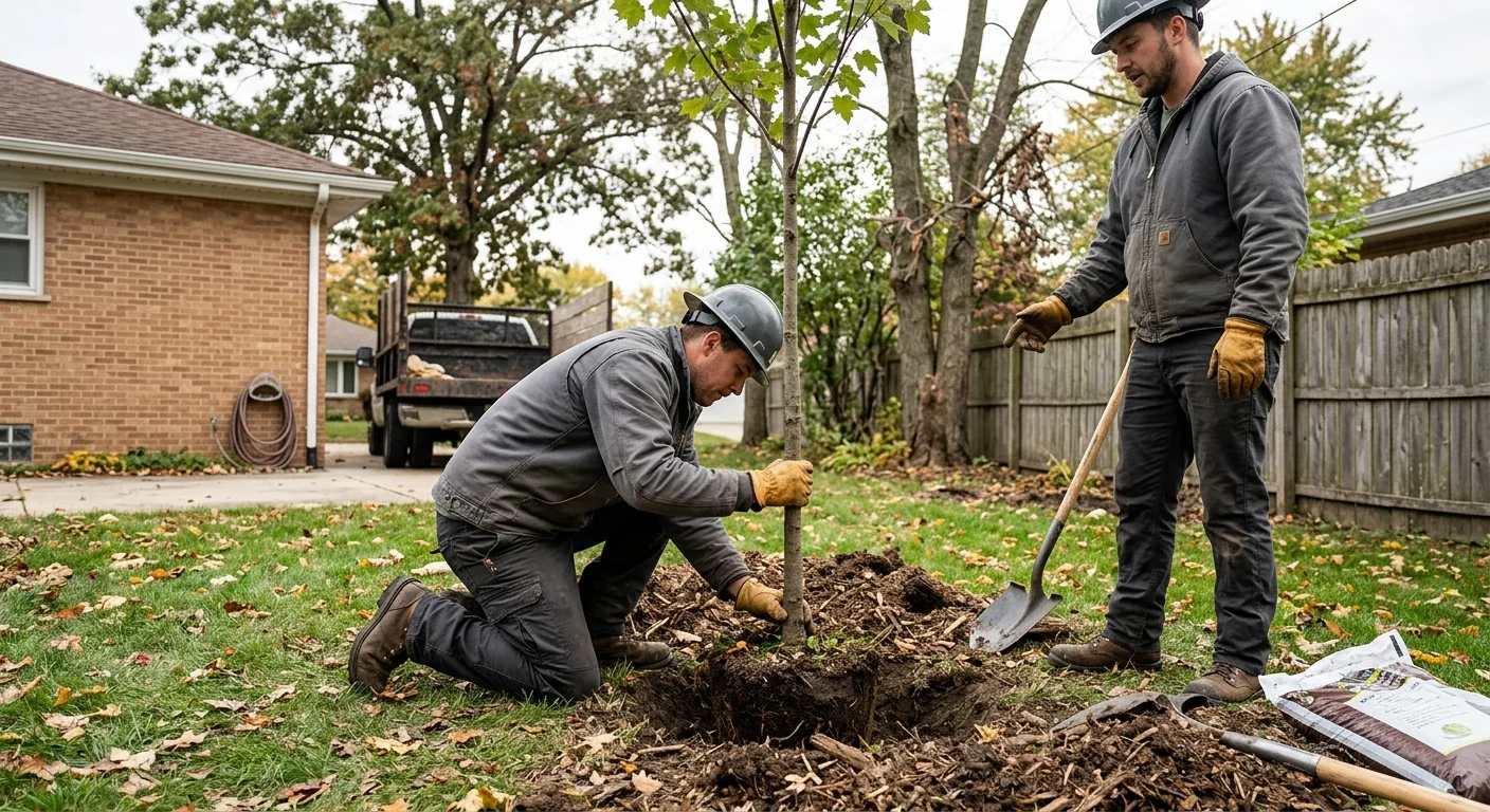 Arborist setting a young tree at correct depth in a Bellwood yard