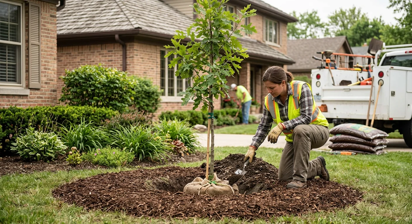 Freshly planted sapling with mulch ring on a residential property