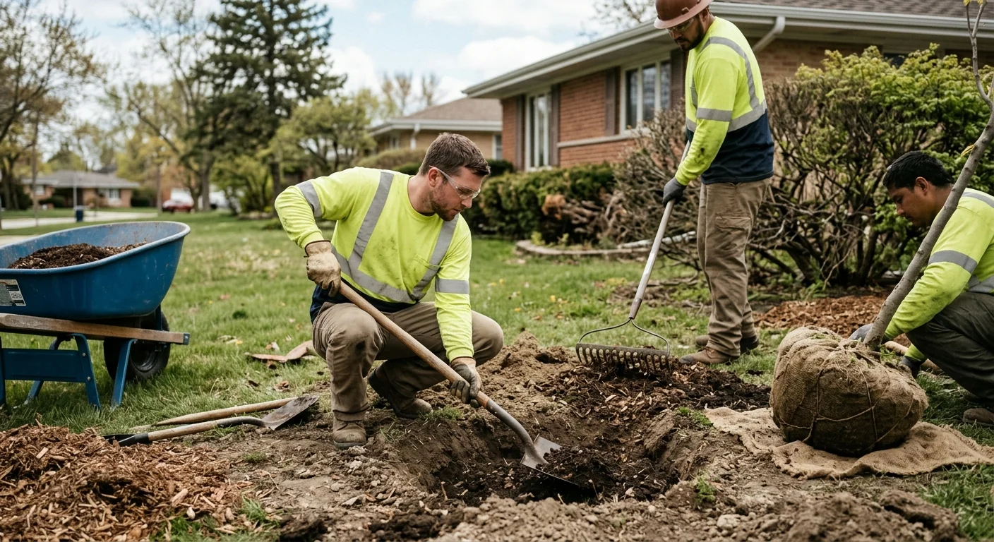 Crew preparing soil and planting hole for new tree installation