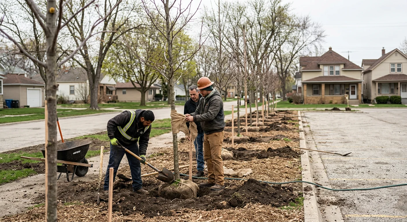 Row of newly planted trees restoring canopy along a Bellwood lot