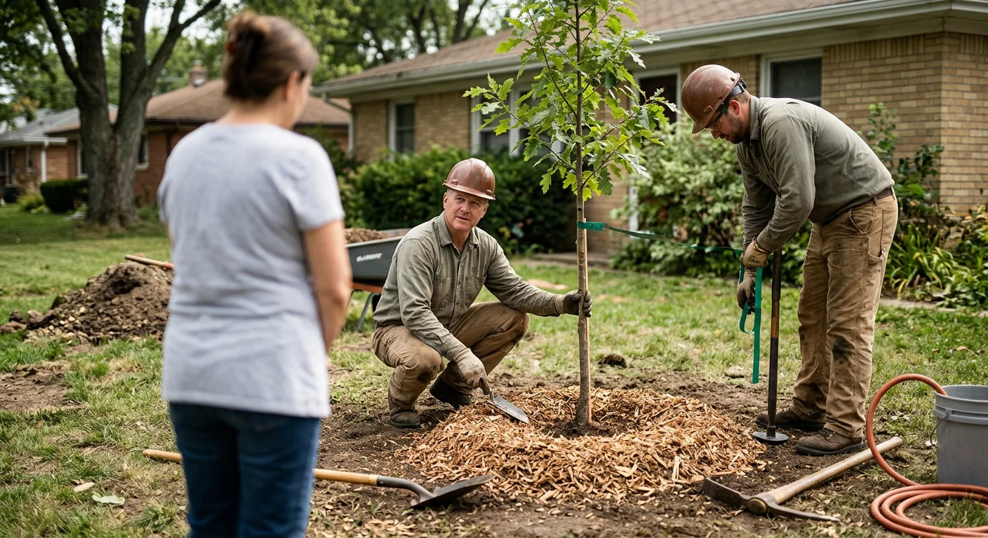 Newly planted young tree with fresh mulch ring in a Bellwood backyard