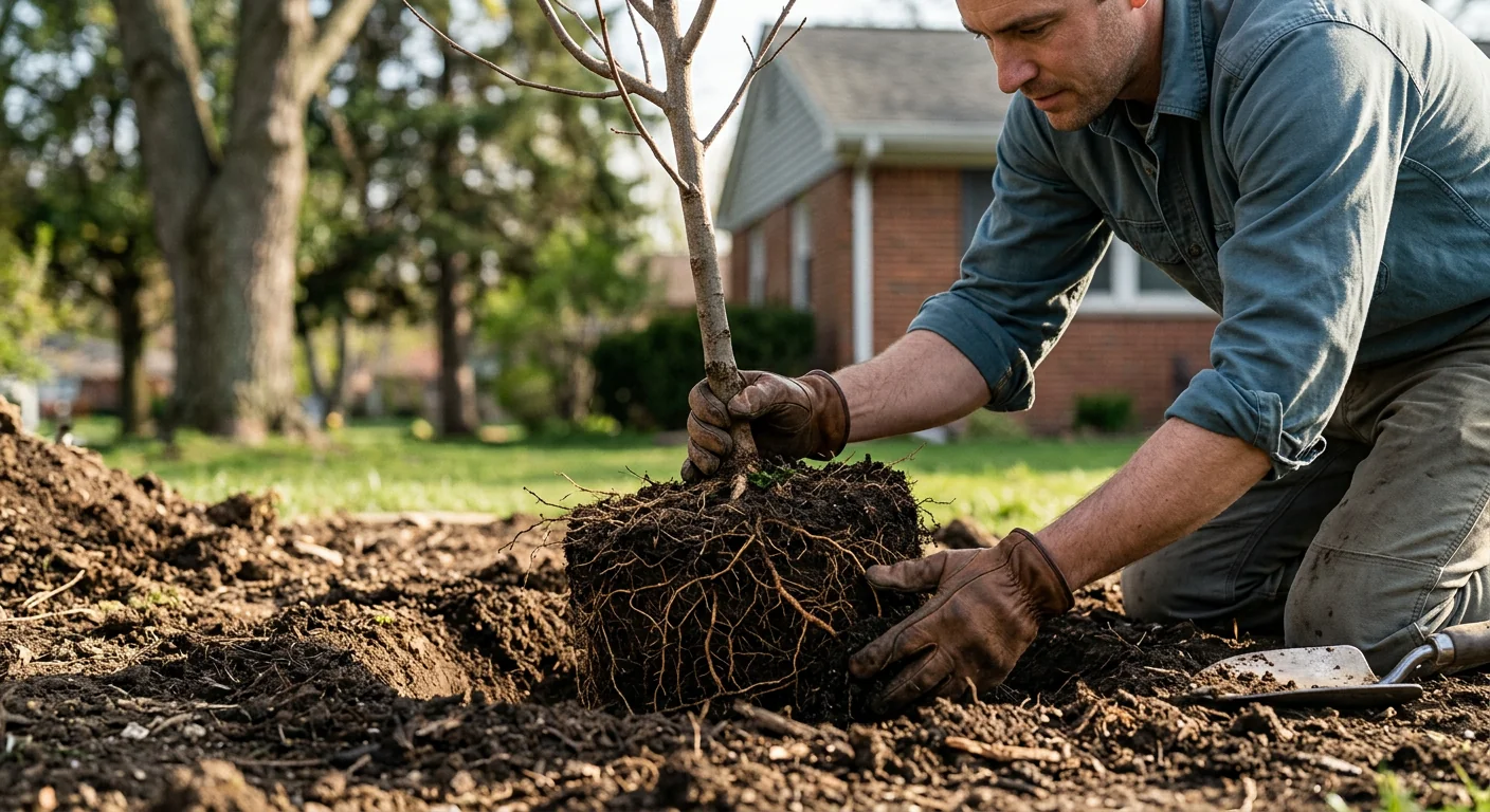 Close-up of a root ball being set at correct planting depth