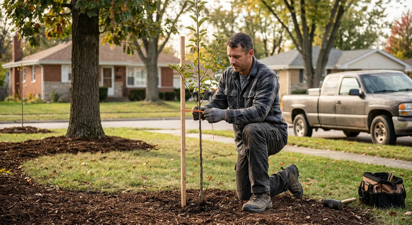 Crew member staking a slender sapling on a residential lot