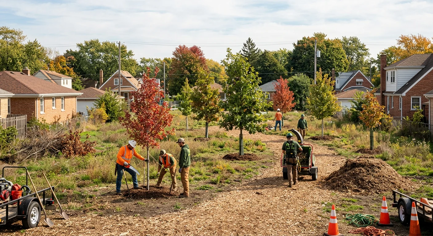 Wide view of a restored open parcel with several new shade trees