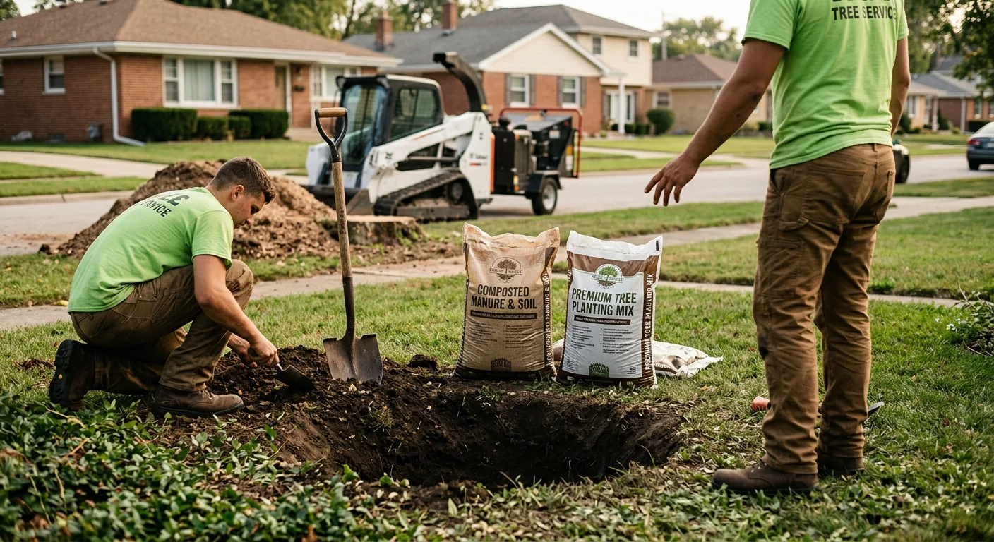 Shovel and soil amendment bags beside a freshly dug planting hole