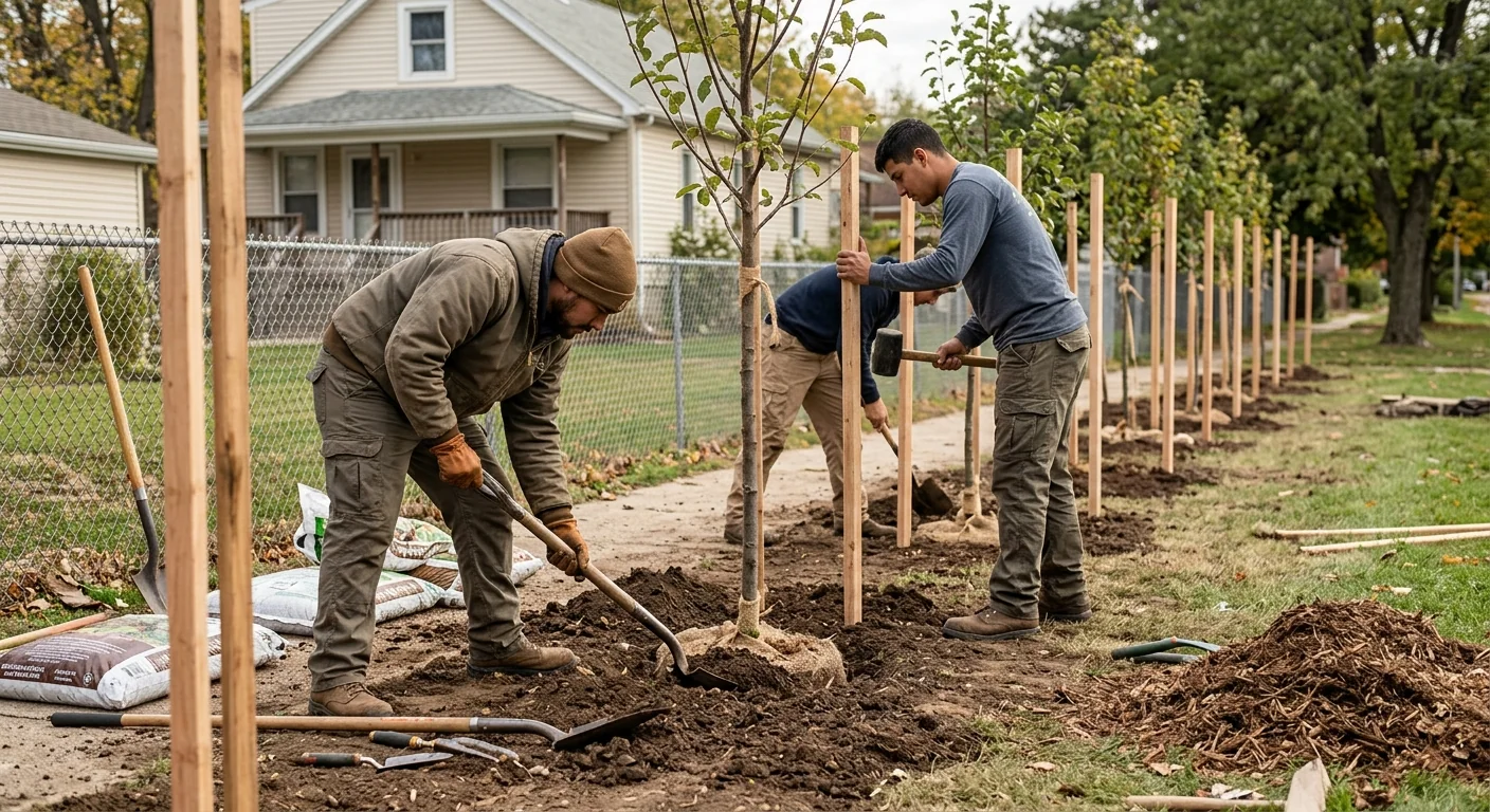 Row of young trees lining a property edge after planting service