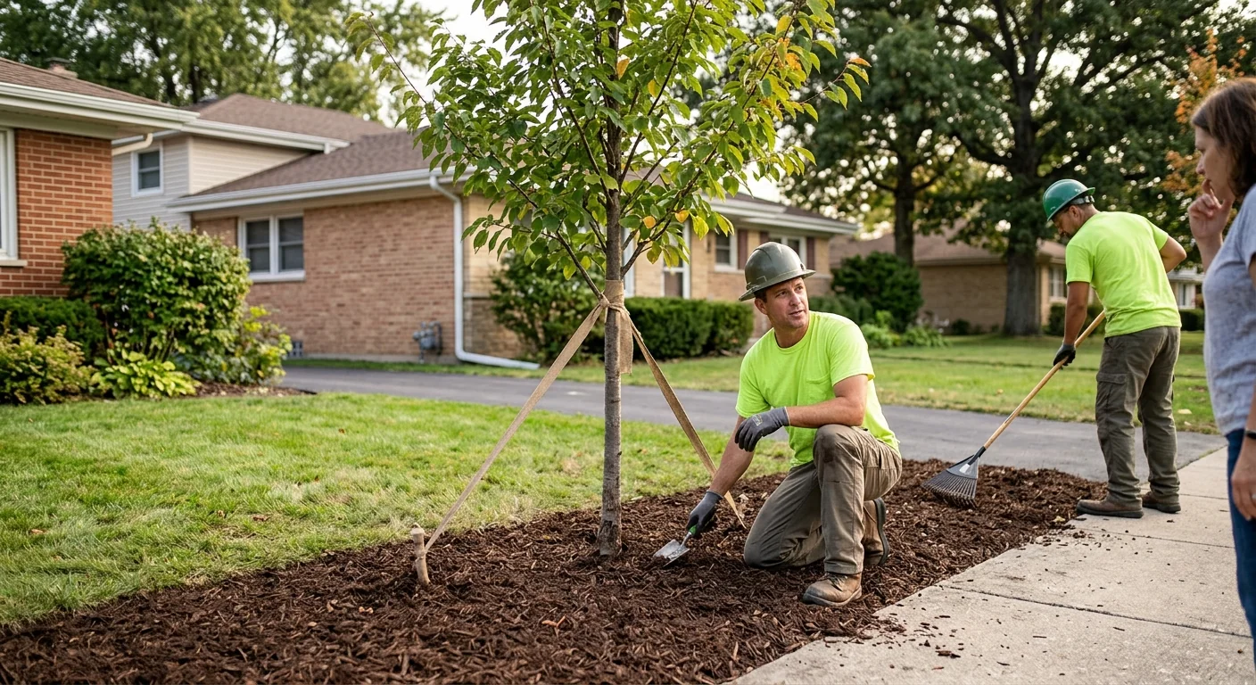 Finished front yard with a healthy new ornamental tree and clean mulch bed