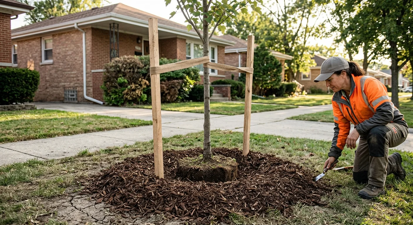 Newly planted young tree staked and mulched in a Bellwood front yard