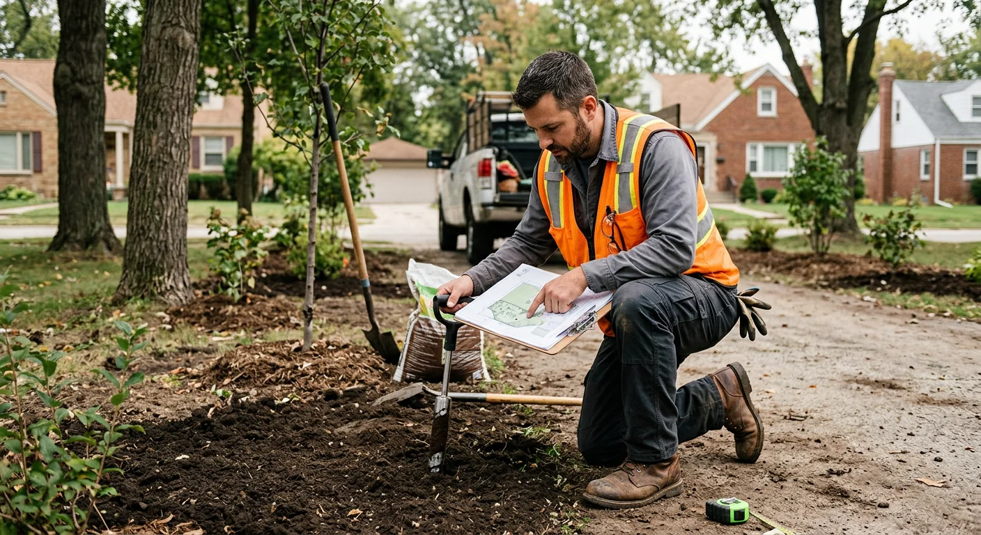 Technician reviewing planting layout and soil conditions on a restored property lot