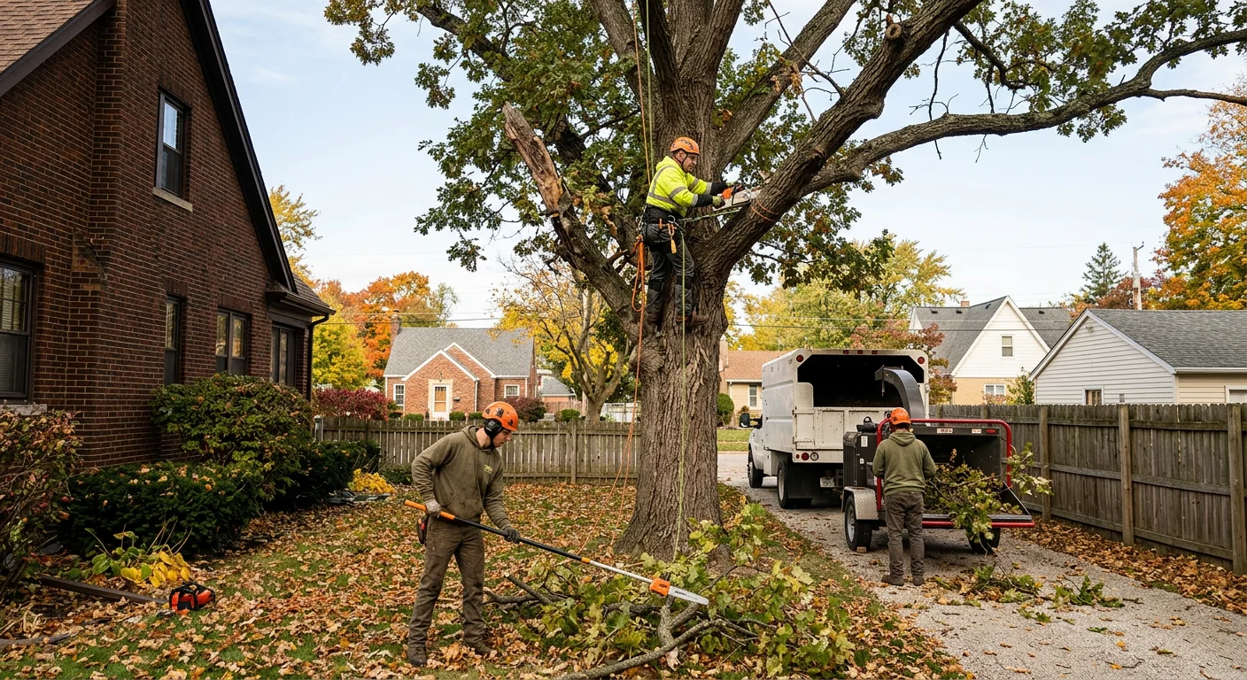 Arborist assessing a mature tree canopy before pruning in a Bellwood yard