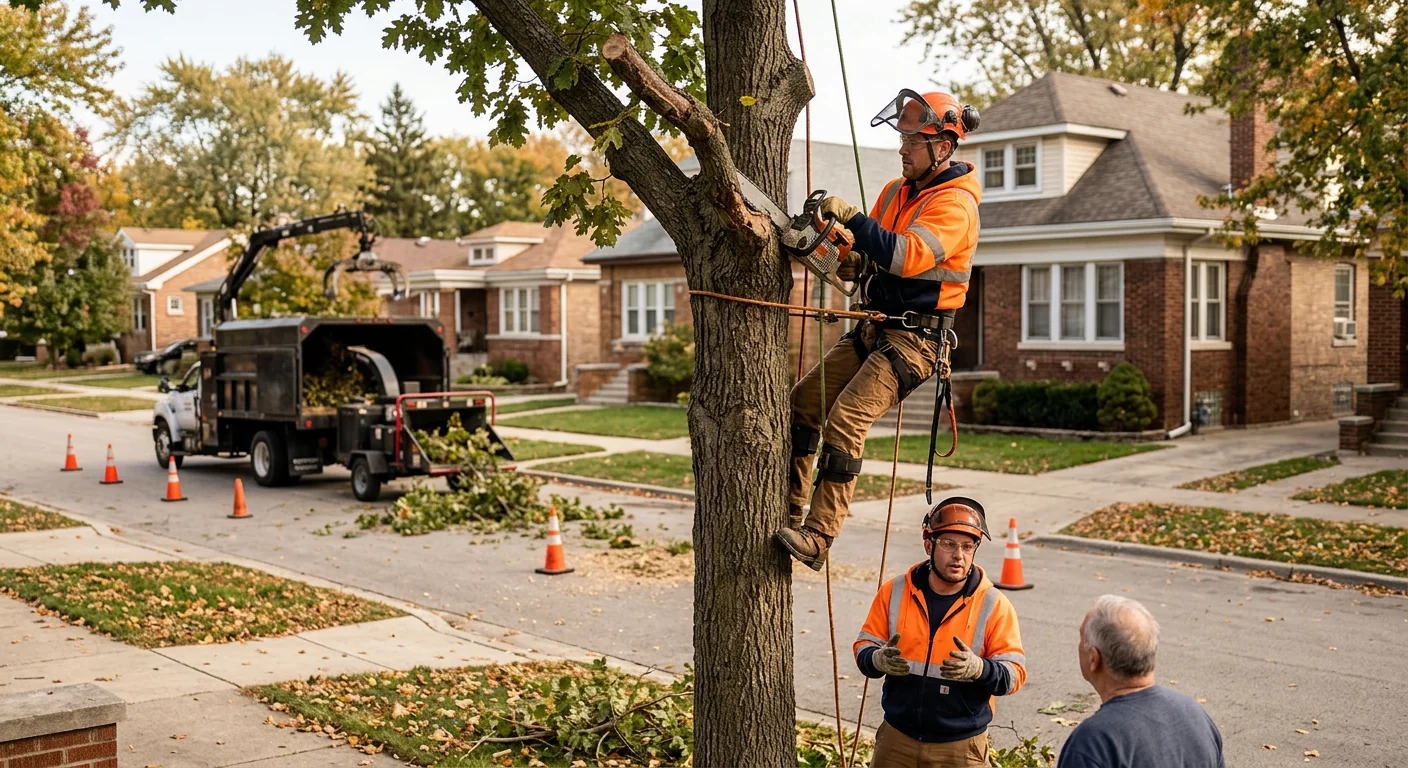 Arborist carefully pruning a mature shade tree in a Bellwood yard