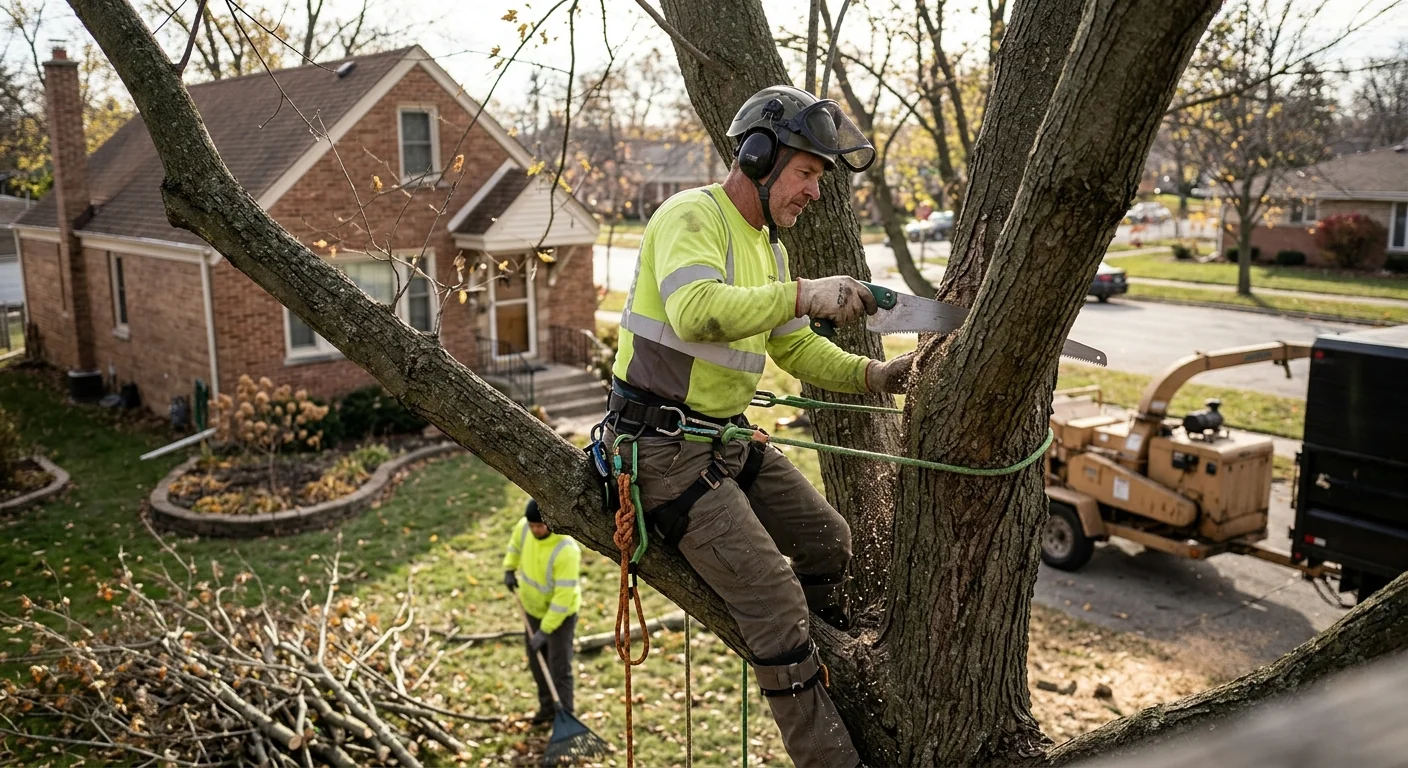 Arborist making directional pruning cuts on a mature backyard tree in Bellwood