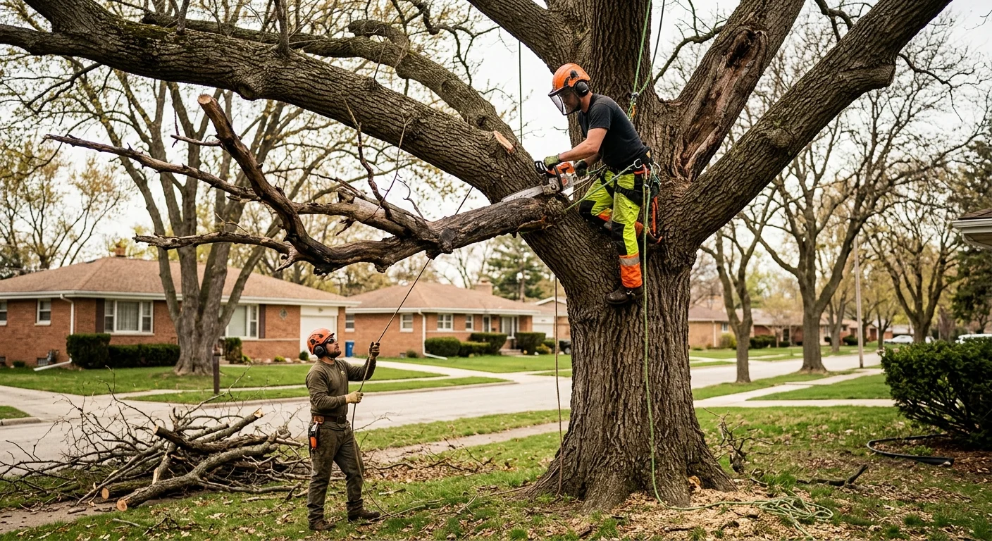 Technician removing deadwood from an aging oak on a Bellwood property