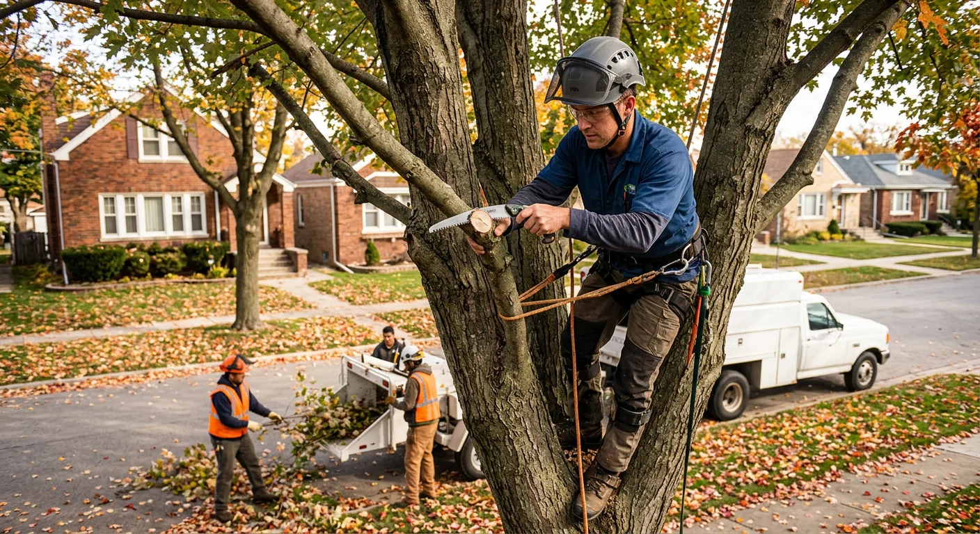 Arborist making a precise thinning cut on an overgrown maple canopy in Bellwood