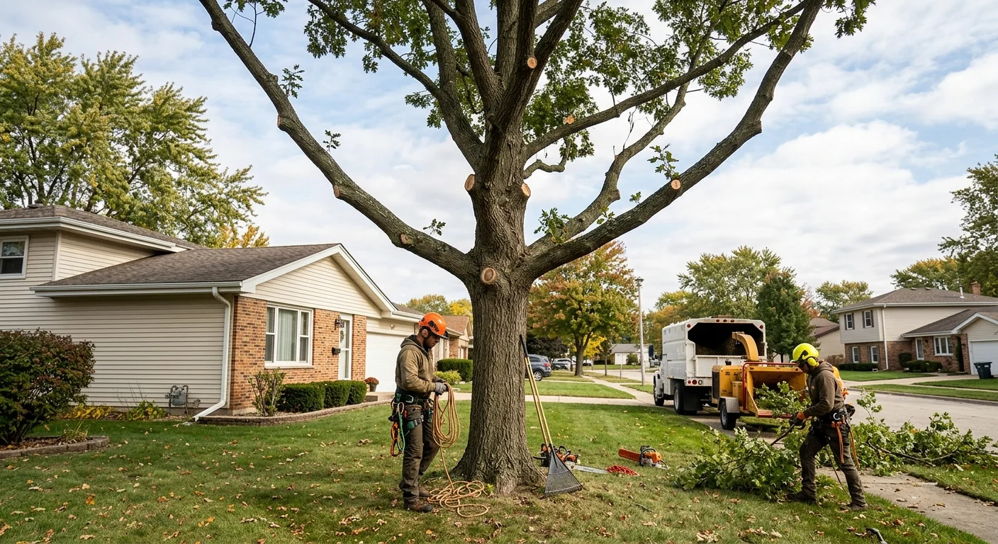 Wide view of a residential yard with a freshly pruned oak showing balanced crown shape