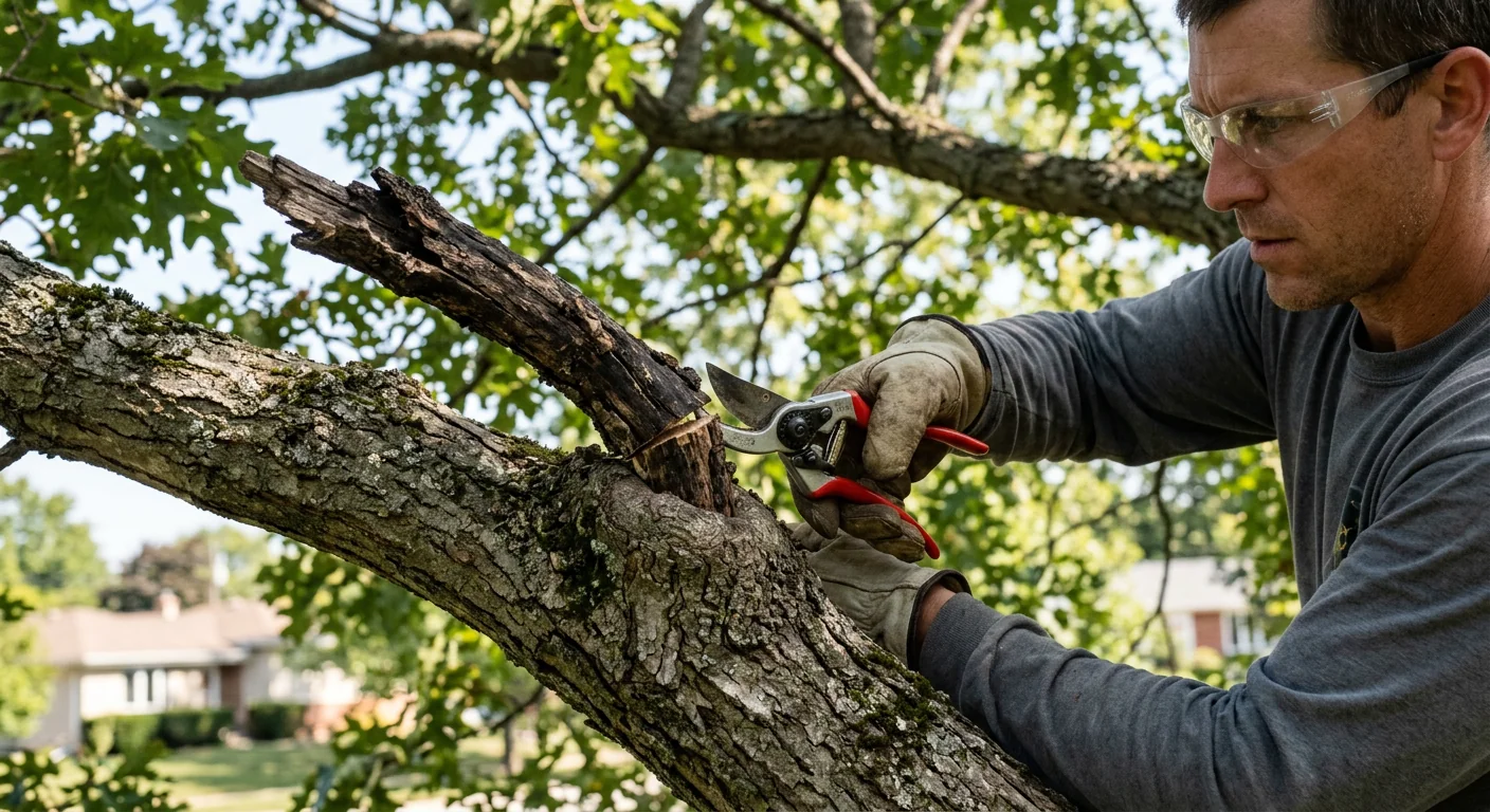 Close-up of deadwood being removed from a branch collar with hand pruners