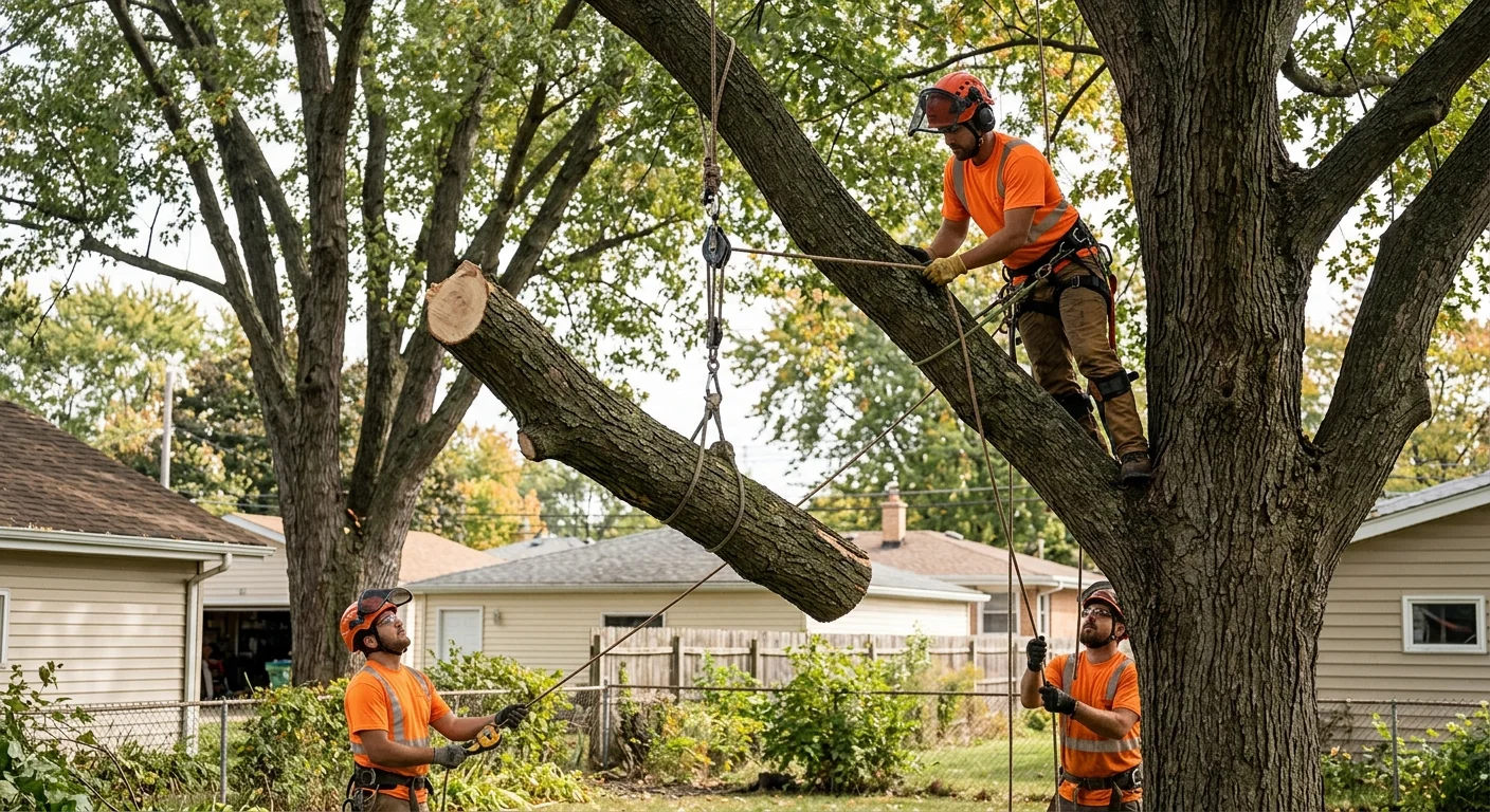Technician using rigging lines to lower a heavy pruned limb safely