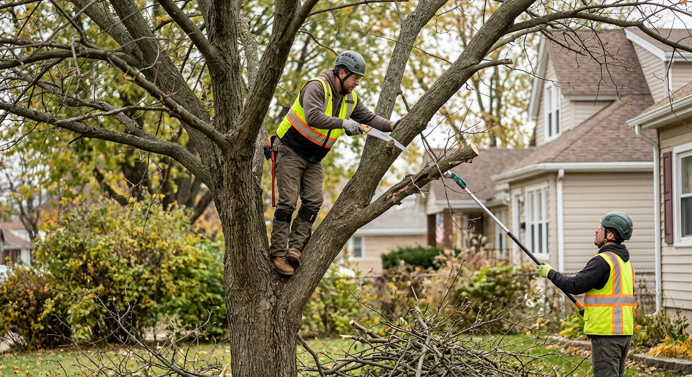 Neglected tree with crossing limbs before corrective pruning on a Bellwood lot