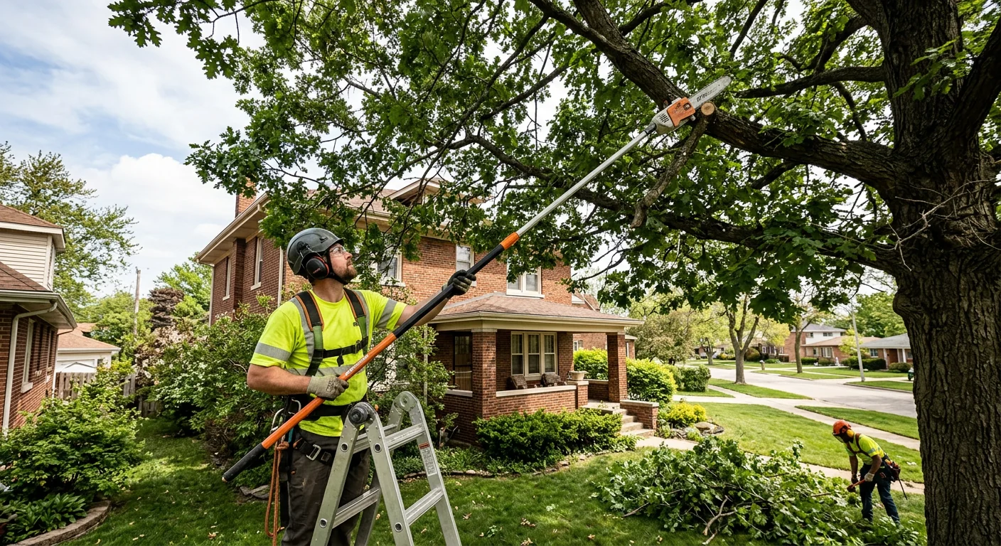 Pole saw reaching upper branches to improve light penetration through a dense canopy