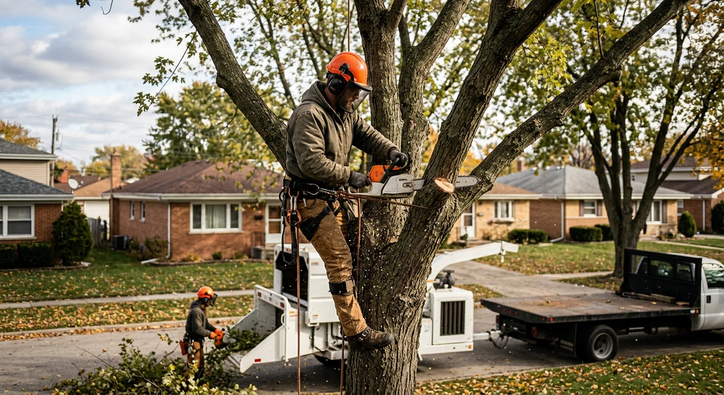 Technician performing precision crown reduction on a stressed tree in Bellwood