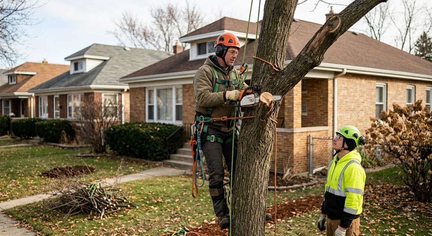 Arborist reviewing a large tree for removal on a Bellwood residential property
