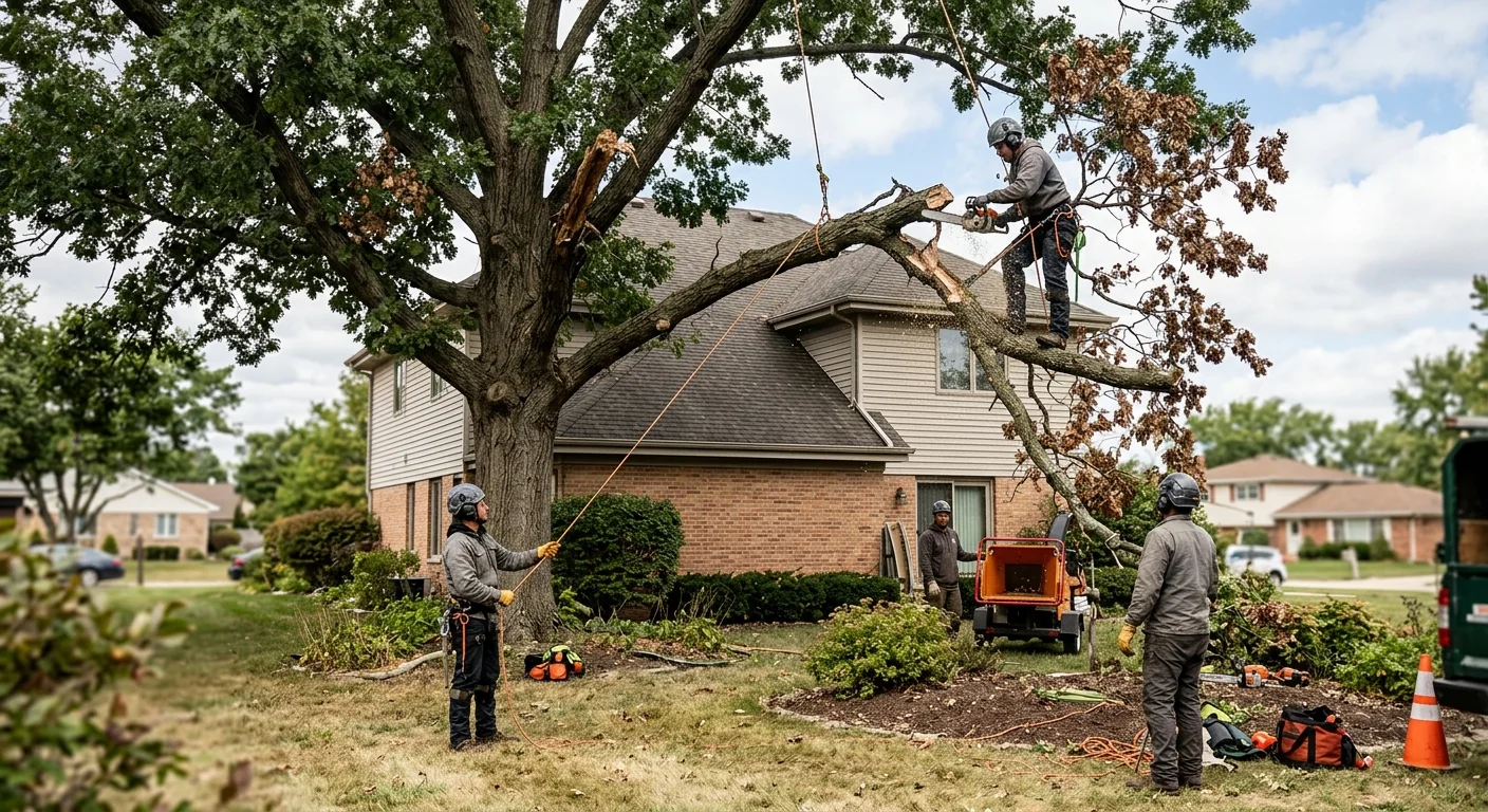 Tree service crew reviewing a removal plan with a homeowner in Bellwood