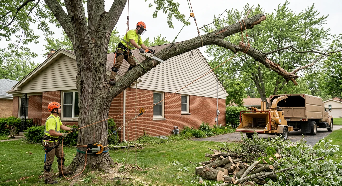 Arborist sectional rigging a large tree beside a Bellwood home