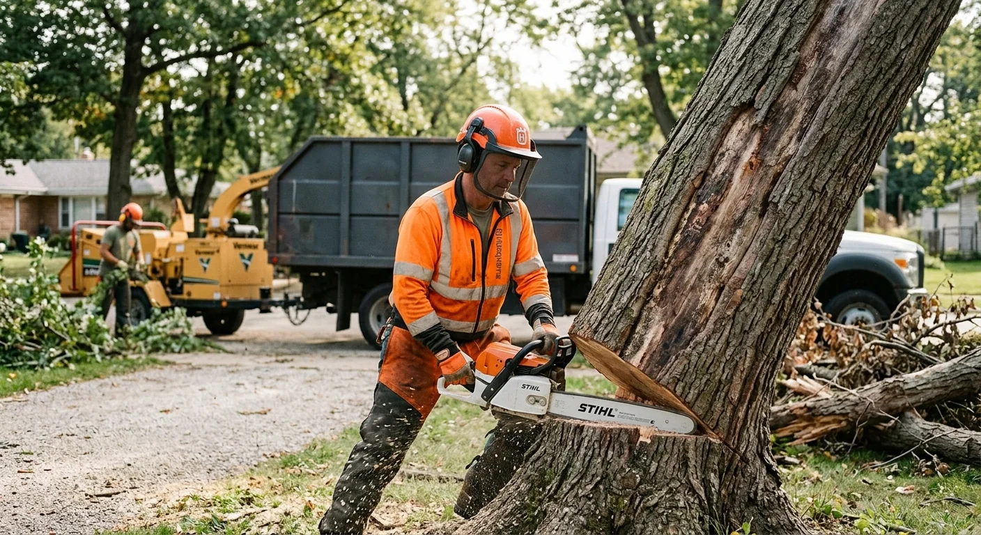 Technician making a directional felling cut on a declining hardwood