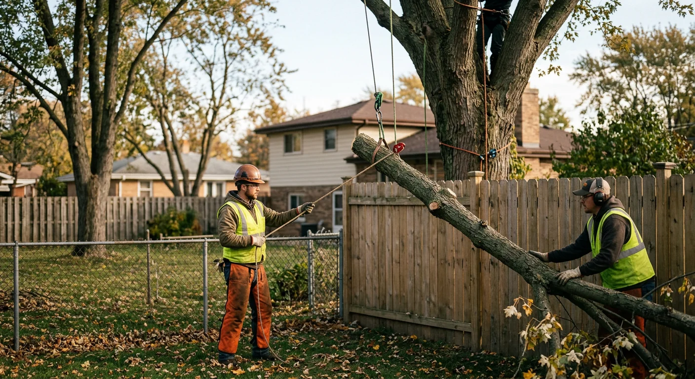 Crew lowering cut limbs safely over a fenced residential yard