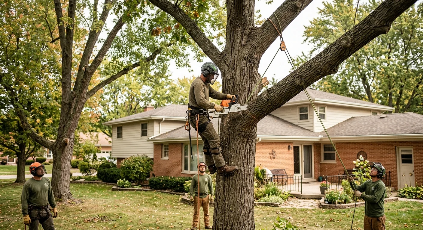 Arborist sectioning a large hardwood with rigging lines on a Bellwood residential lot