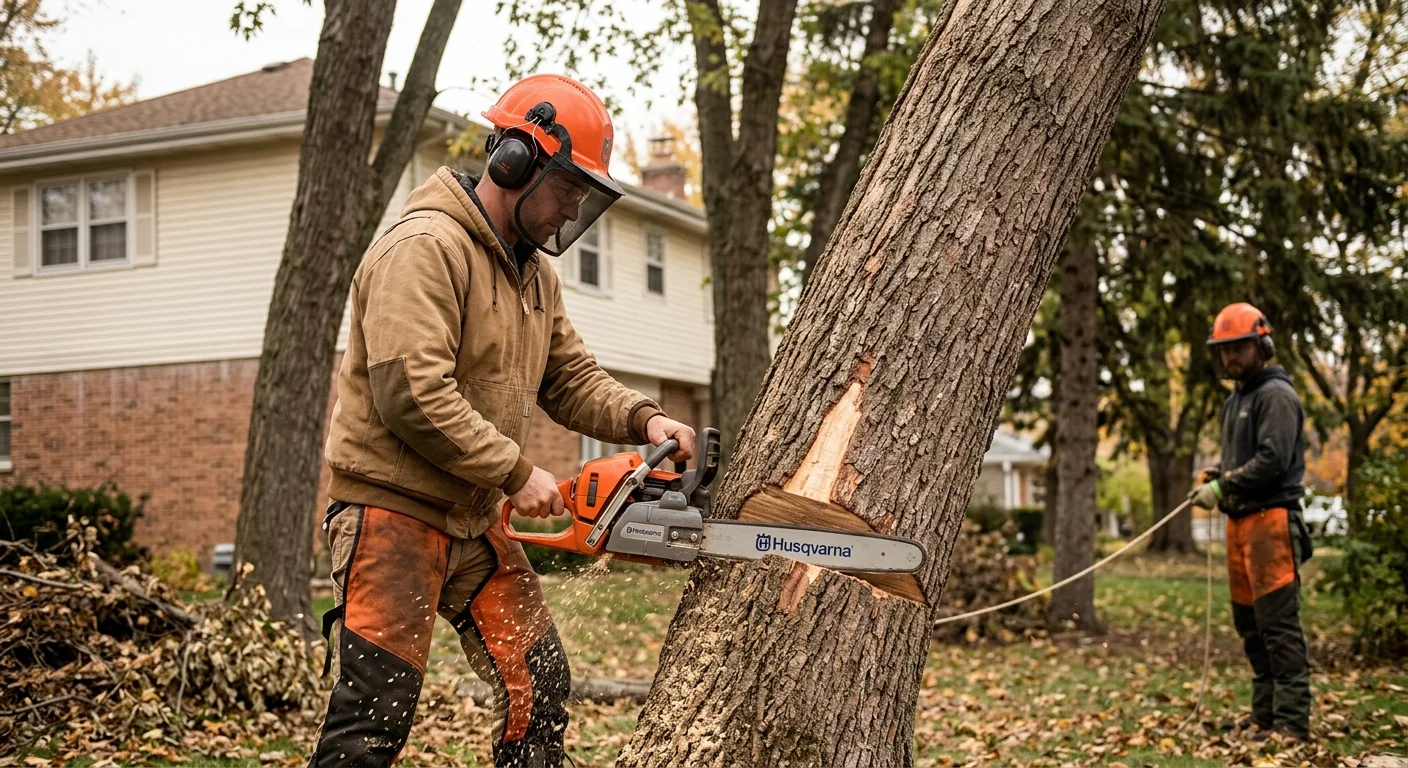 Close-up of a chainsaw making a directional felling cut into a leaning trunk