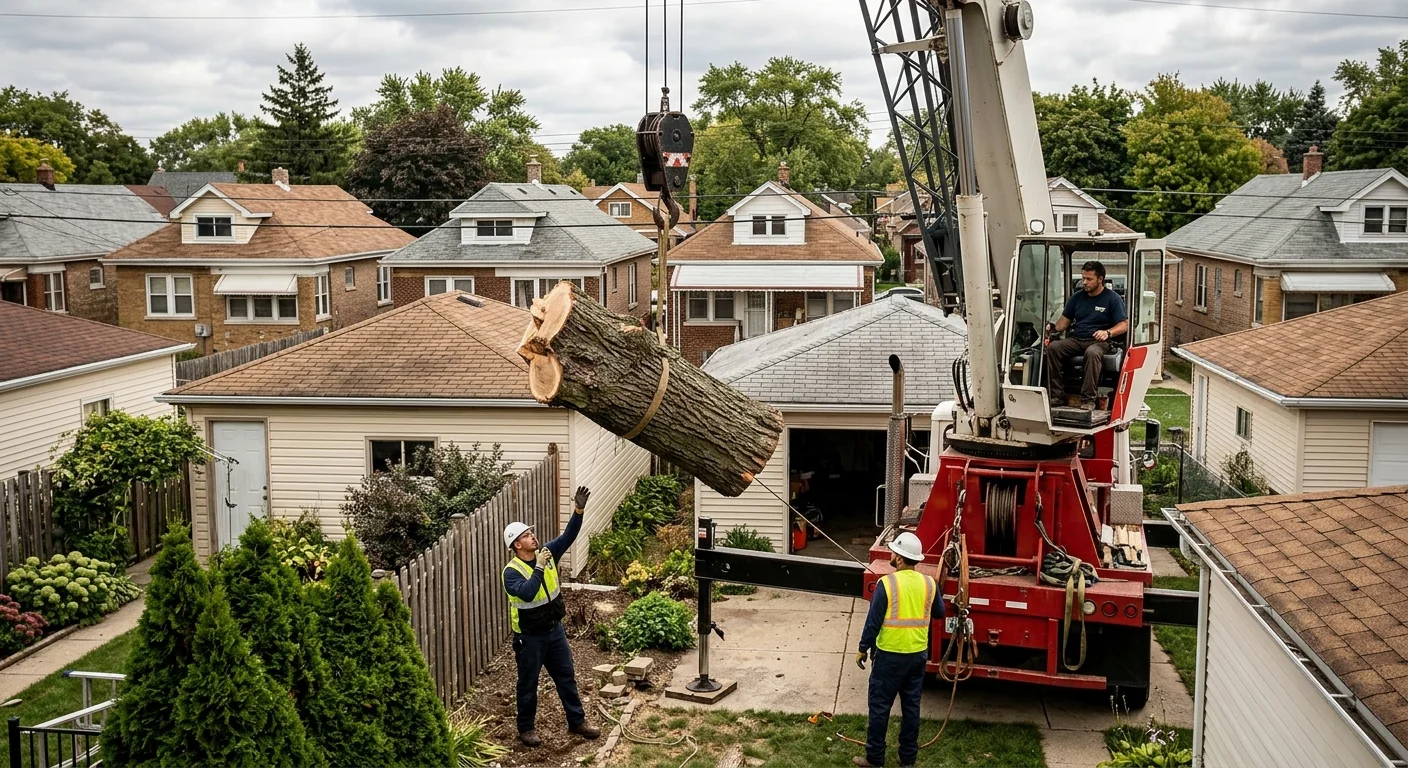 Crane lifting a heavy tree section clear of rooftops in a tight backyard