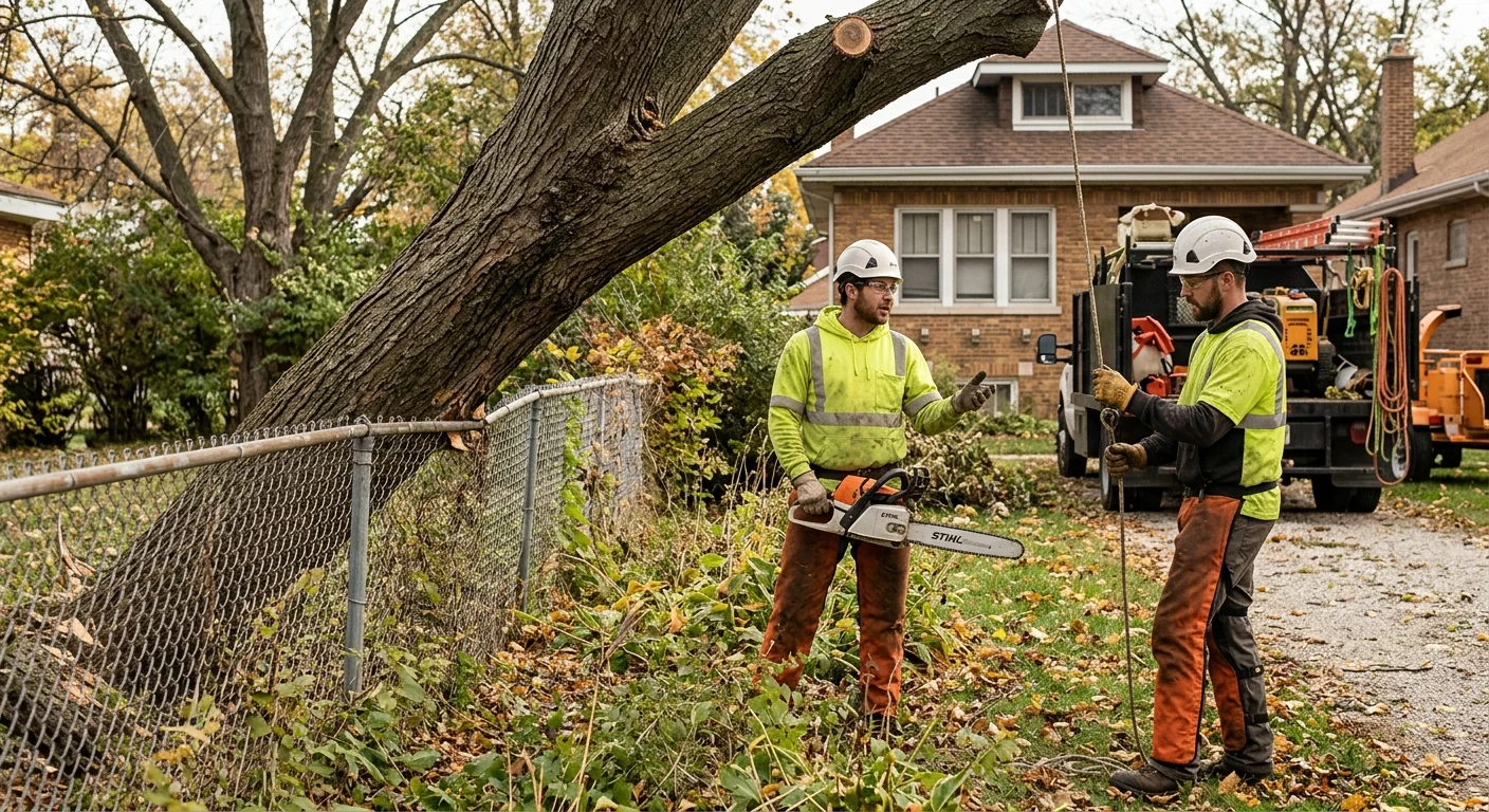 Storm-damaged tree leaning over a fence before removal on an older property