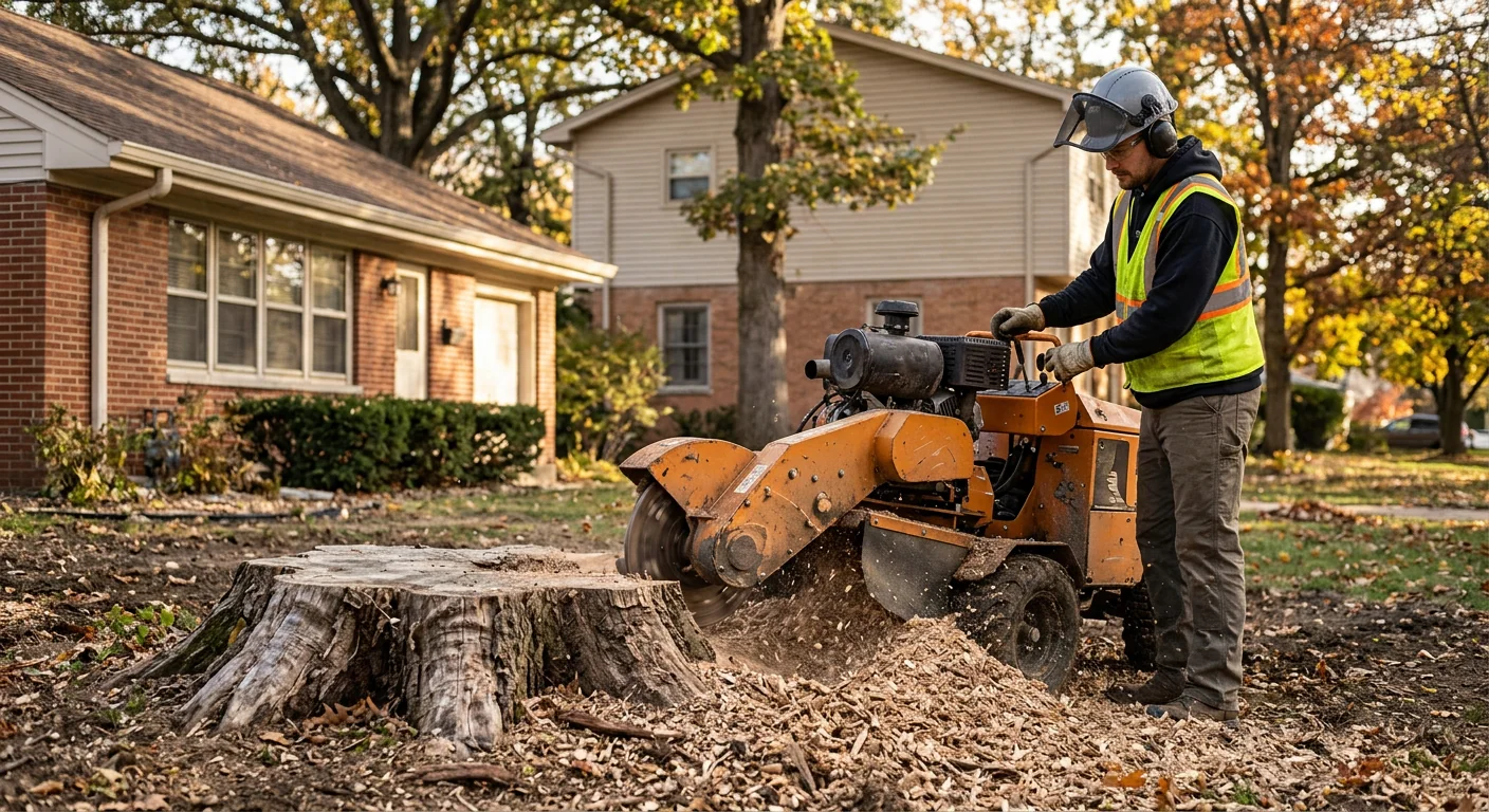 Stump grinder reducing a wide stump to chips in a cleared side yard