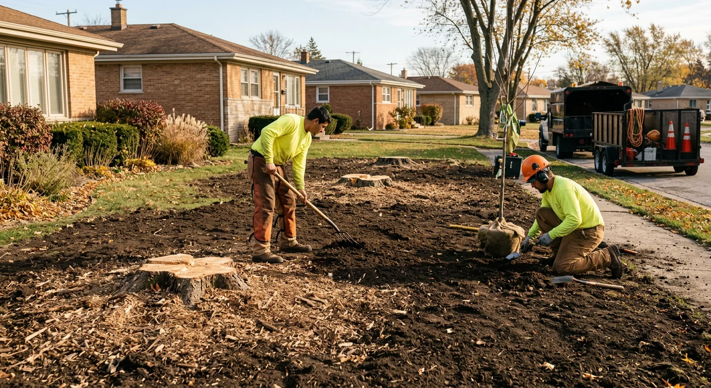 Wide shot of a cleared residential lot ready for replanting after tree removal