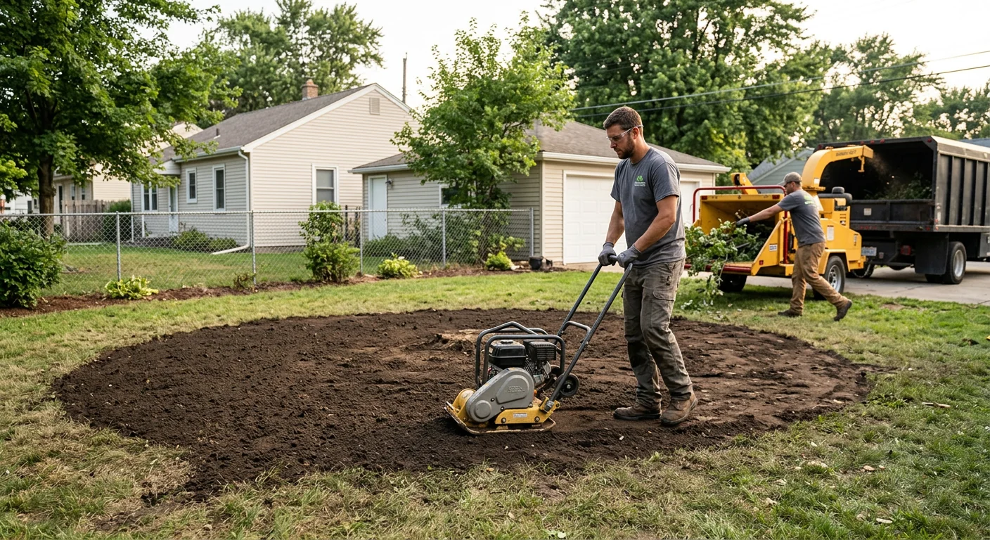 Finished backyard with fresh grade and open space where a declining tree stood