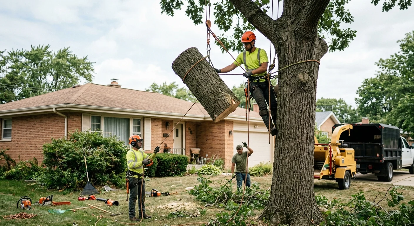 Tree removal crew rigging a large tree on a Bellwood property