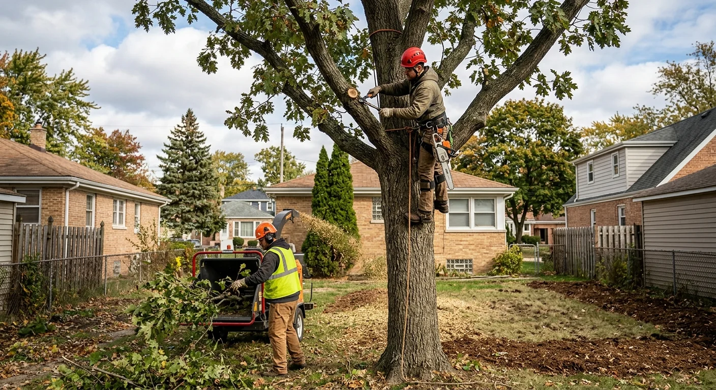 Arborist inspecting a mature backyard tree during a Bellwood risk assessment