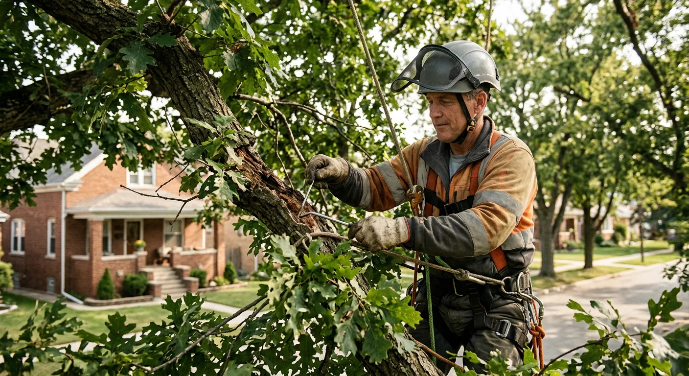 Arborist inspecting a mature tree canopy during a risk assessment in Bellwood