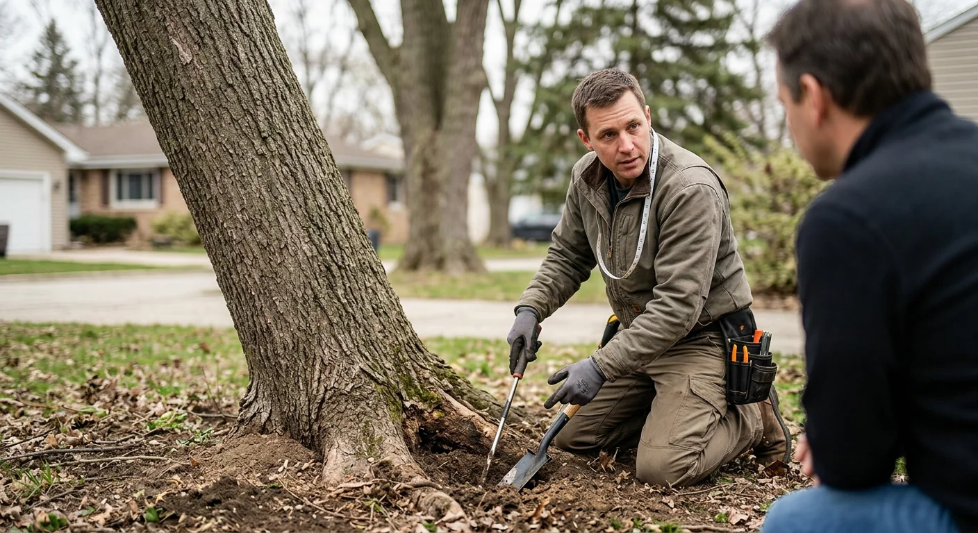 Technician examining root collar and soil movement near a leaning tree