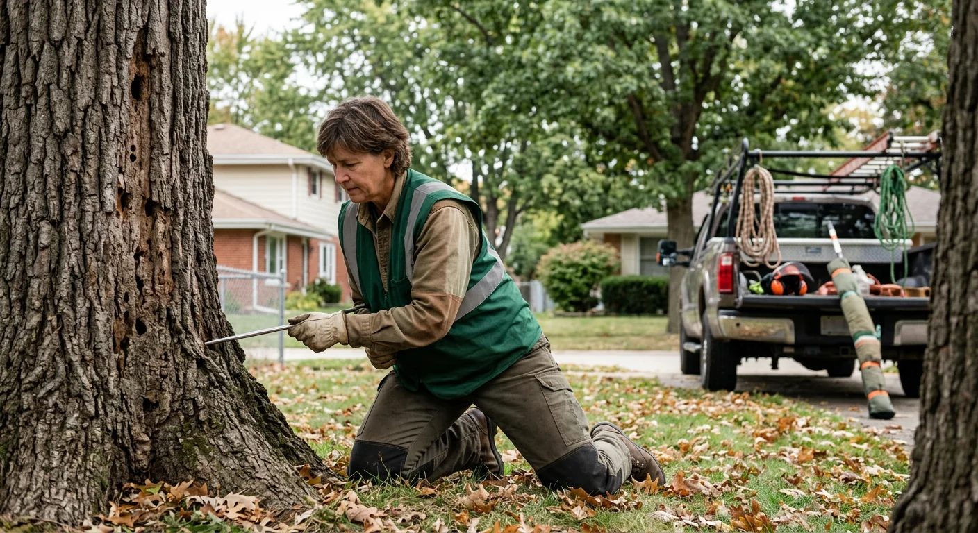 Arborist inspecting a mature oak trunk for decay in a Bellwood backyard