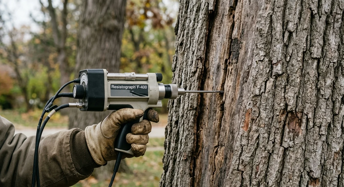 Close-up of resistograph testing probe entering a cracked tree trunk