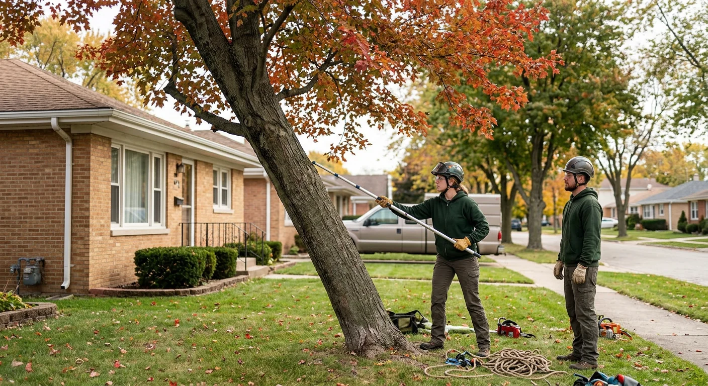 Wide shot of technician measuring a leaning maple beside a residential home