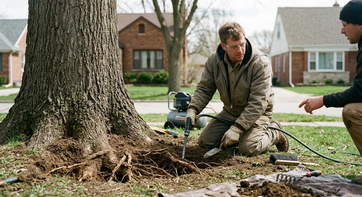 Root collar excavation revealing exposed roots at the base of a large tree