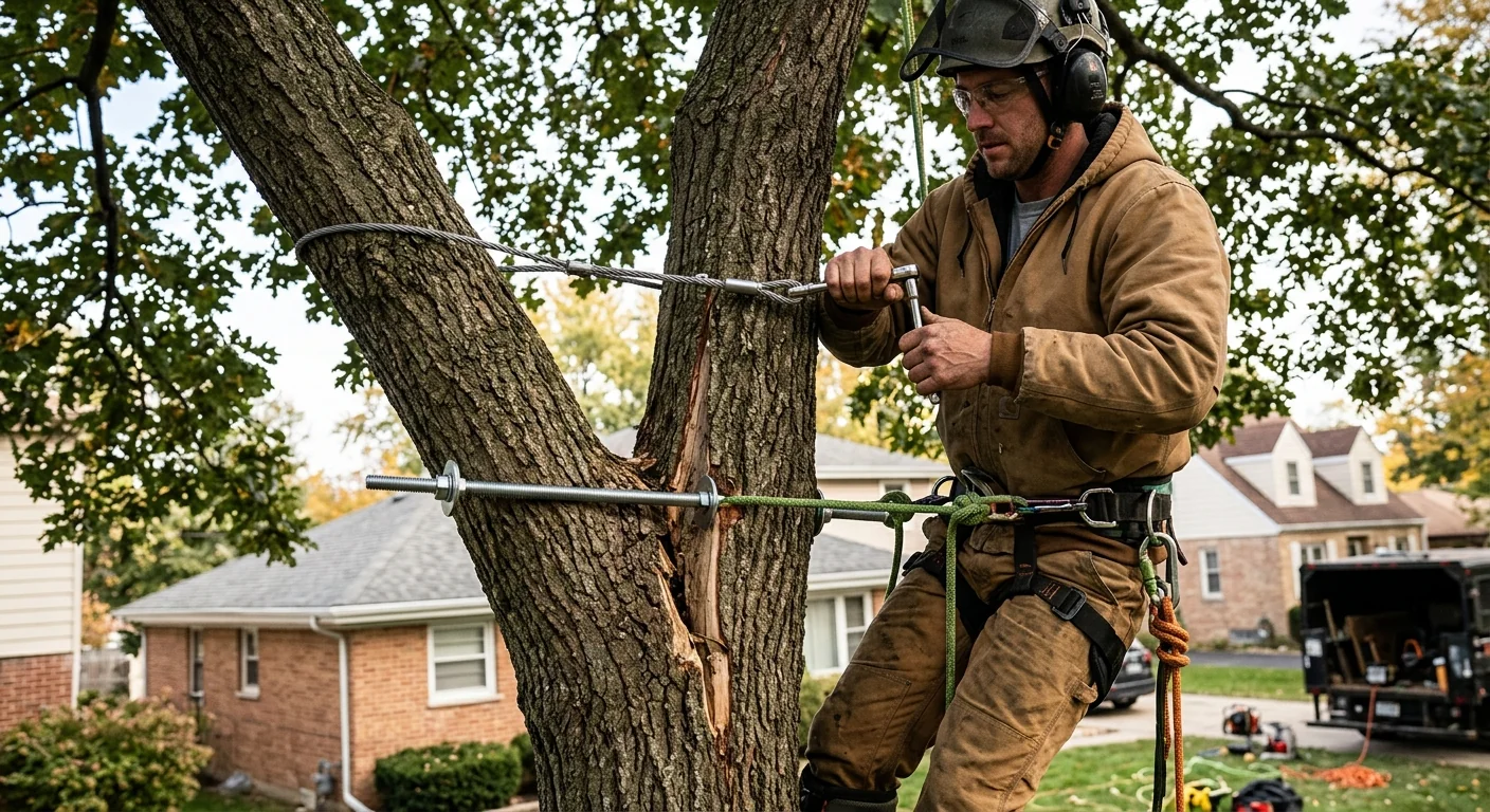 Cabling and bracing hardware installed to stabilize a split-crotch limb