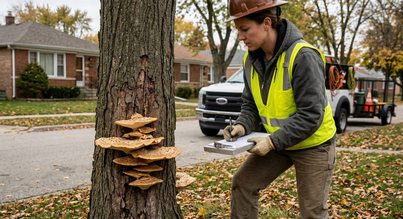 Assessor documenting fungal growth on a tree trunk with a clipboard