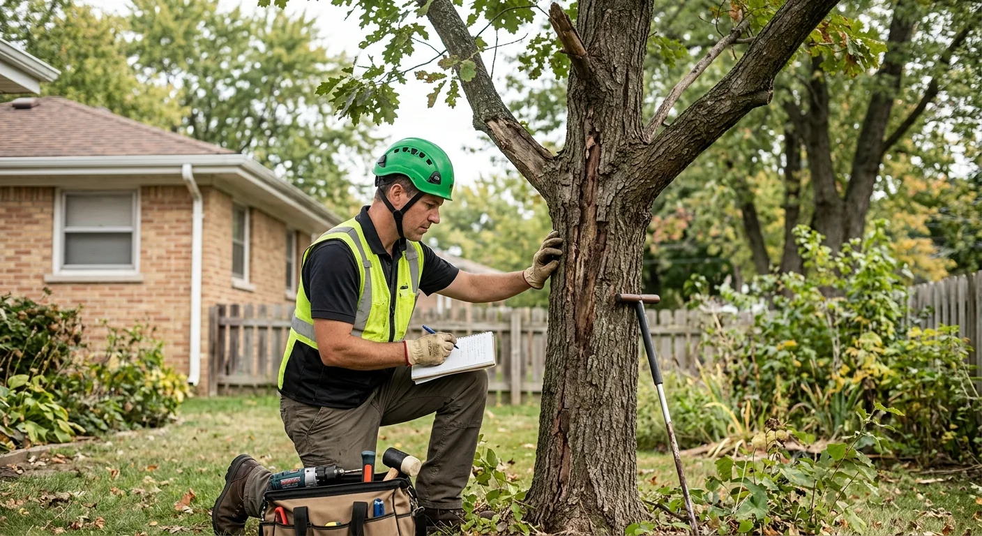 Certified arborist reviewing tree condition and documenting findings on a Bellwood property
